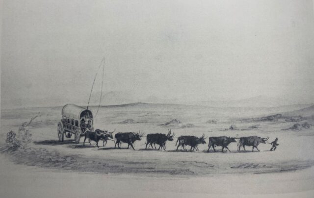 JC Mills aquatint of oxwagon